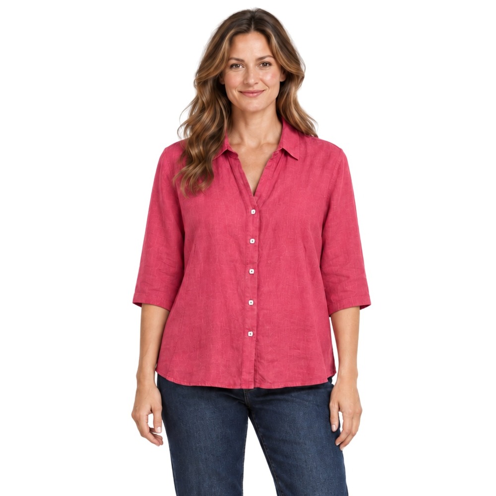 Cut Loose 100% Linen Ruched 3/4 Sleeve Button Down Shirt USA Womens Medium Pink